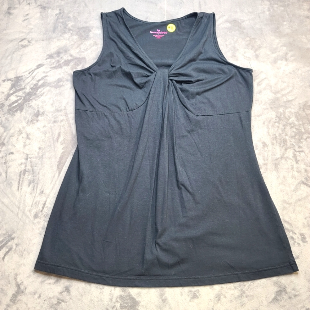 Woman within Grey tank top blouse LG with tie in front